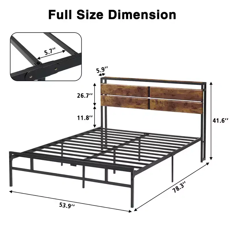 Bed Frame, Metal Bed Frame, Rustic Vintage Wood Headboard, Strong Support Legs, No Box Spring Needed, Noise-Free