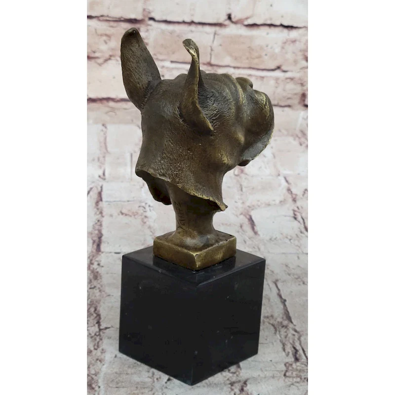 Boxer Dog Breed Bronze Metal Bust Sculpture Statue Signed Original Art On Marble Base
