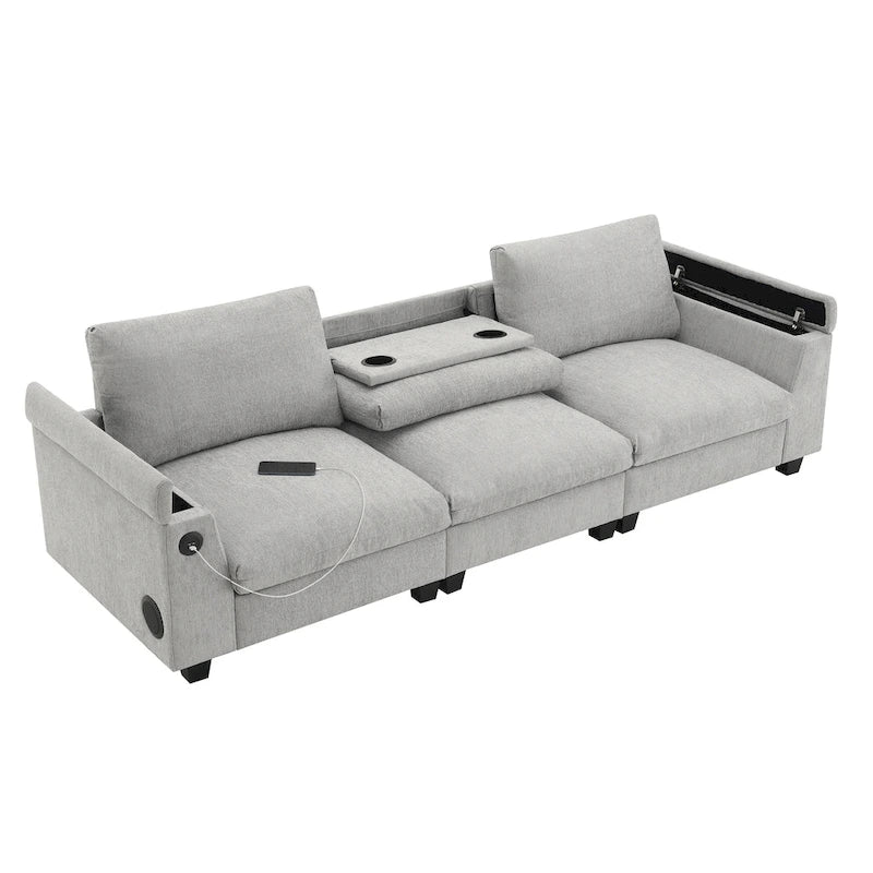 96 Chenille Smart Sectional Sofa with Bluetooth Speaker, Drop-Down Table & USB Charger and 3-Seater Cloud Couch