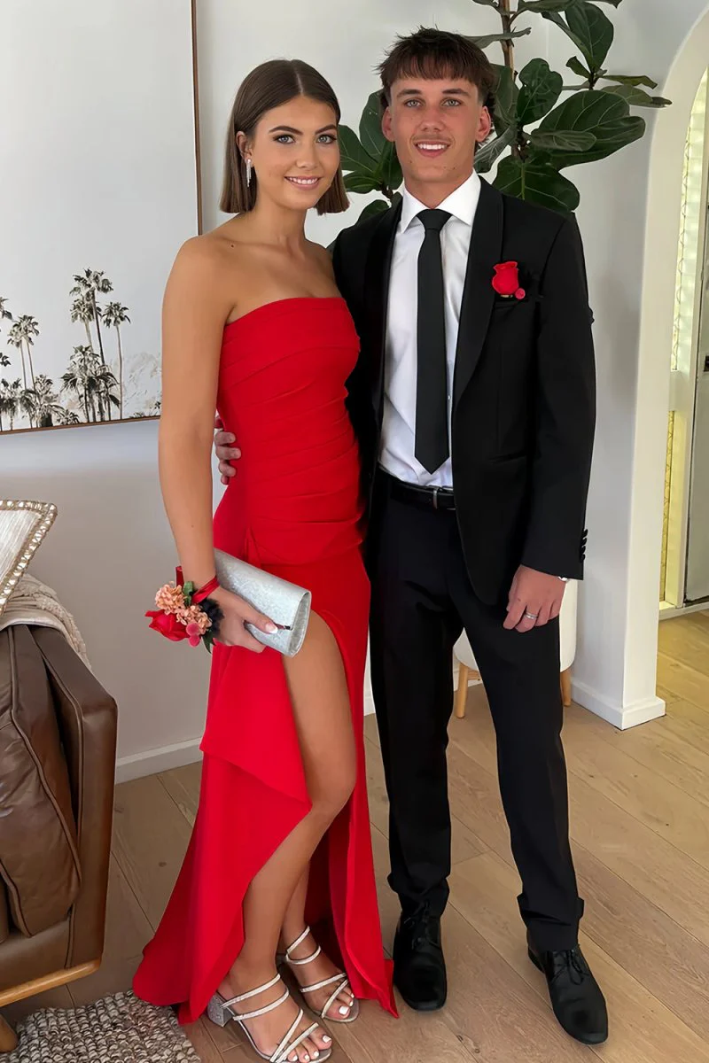 Red - Mermaid Strapless Satin Pleated Long Prom Dress with Slit