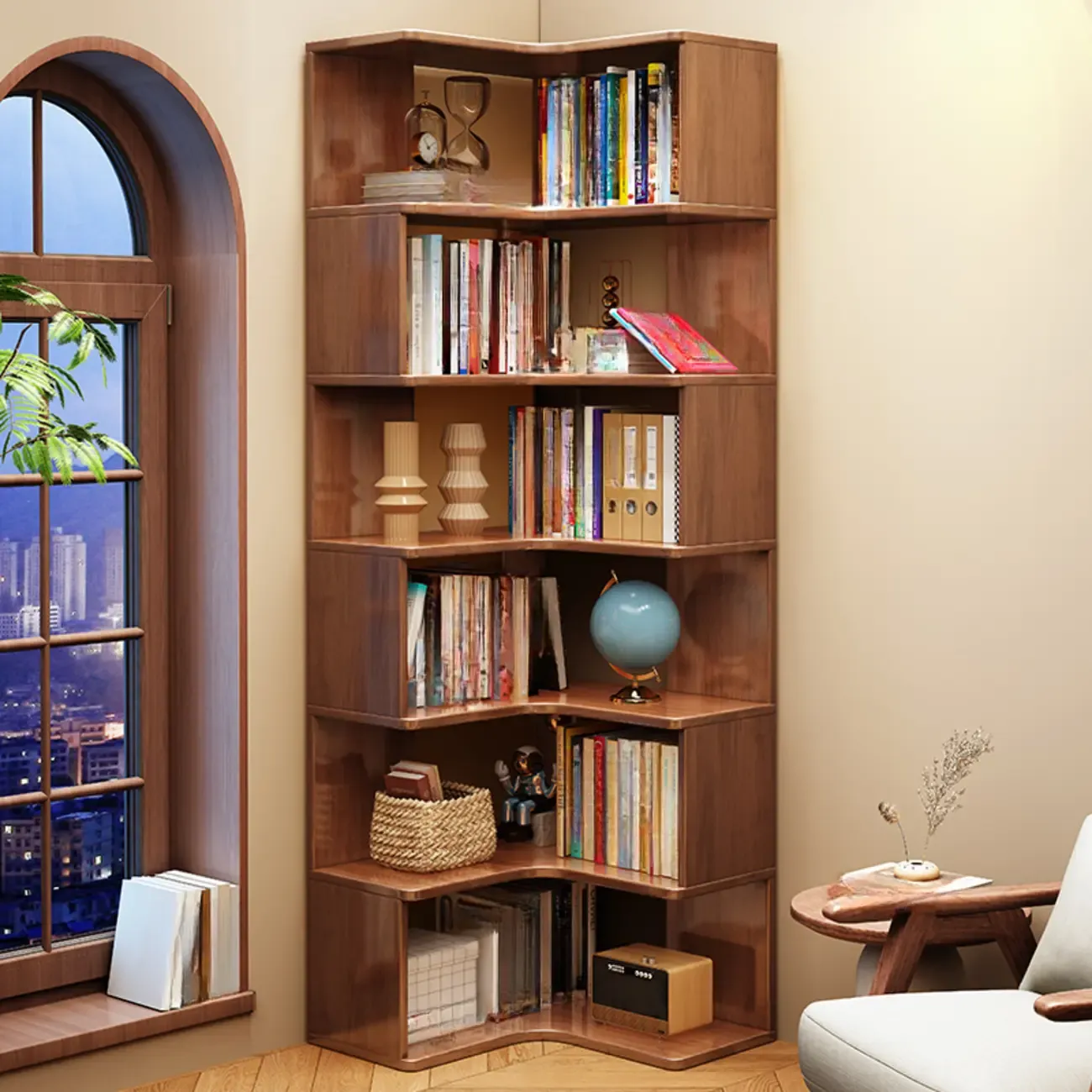 Vertical Wood L-Shape Corner Bookcase with Storage