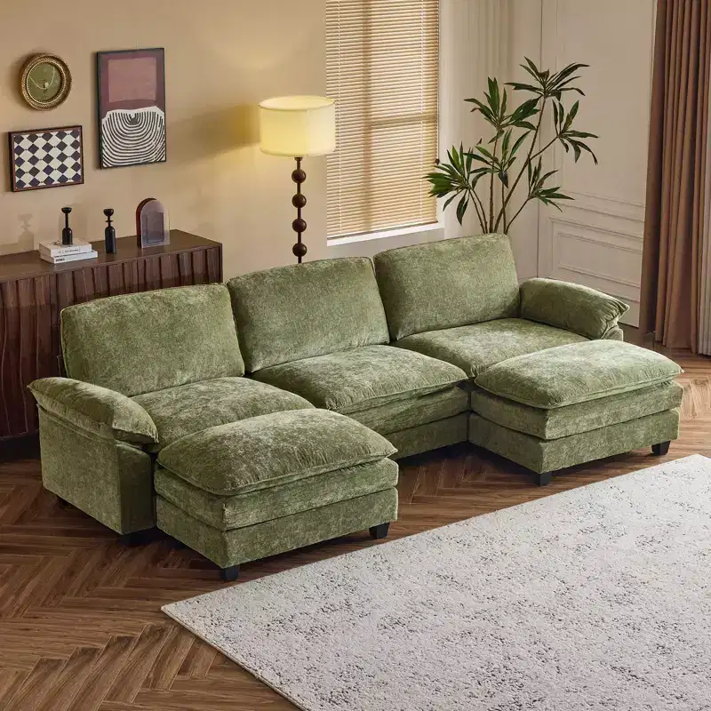 Karl Home |120 in. W Pillow Top Arm Double-layer Cushion Chenille Sofa in Blue With Ottoman
