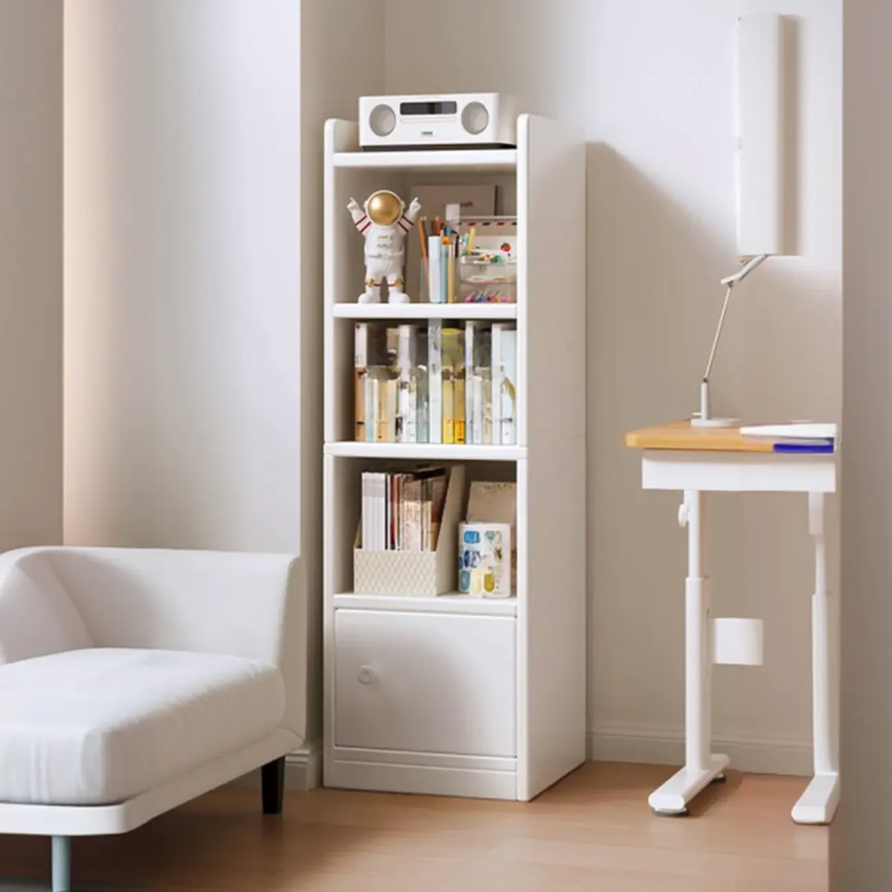Narrow 6-Shelf White Wooden Bookcase with Cabinet