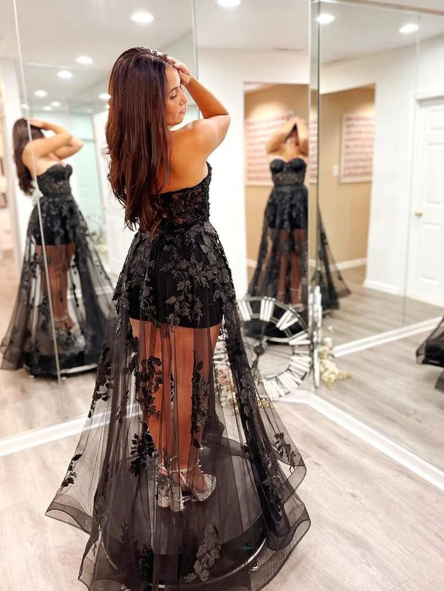 A Line Strapless Tulle Lace Prom Dress
