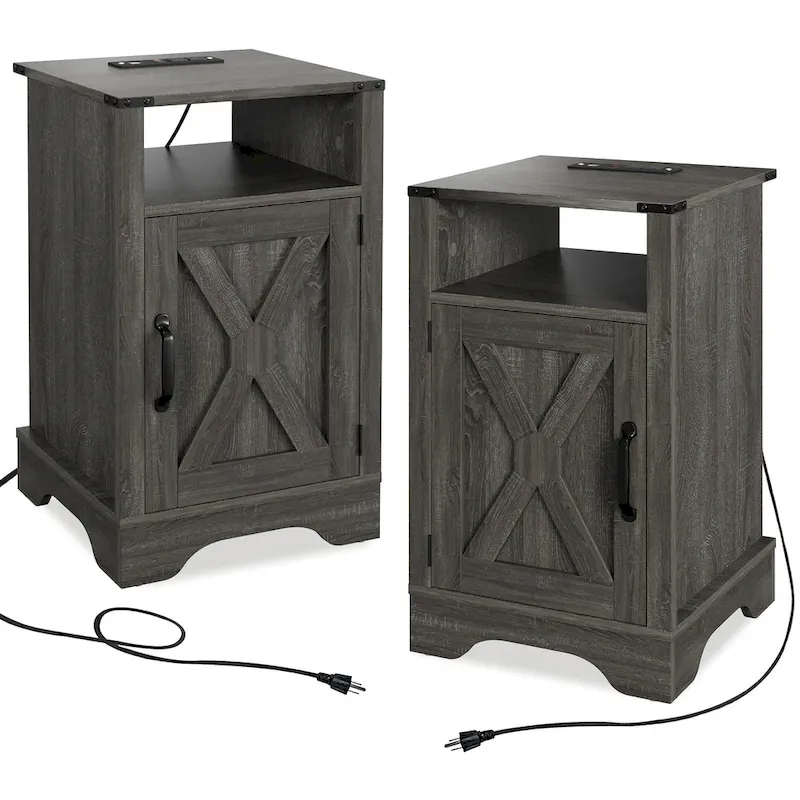 Farmhouse Nightstand with Charging Station and Barn Door (Set of 2)