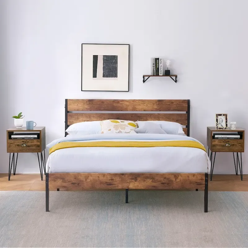 Taomika 3-Pieces Industrial Bed and Modern Square Nightstands Set