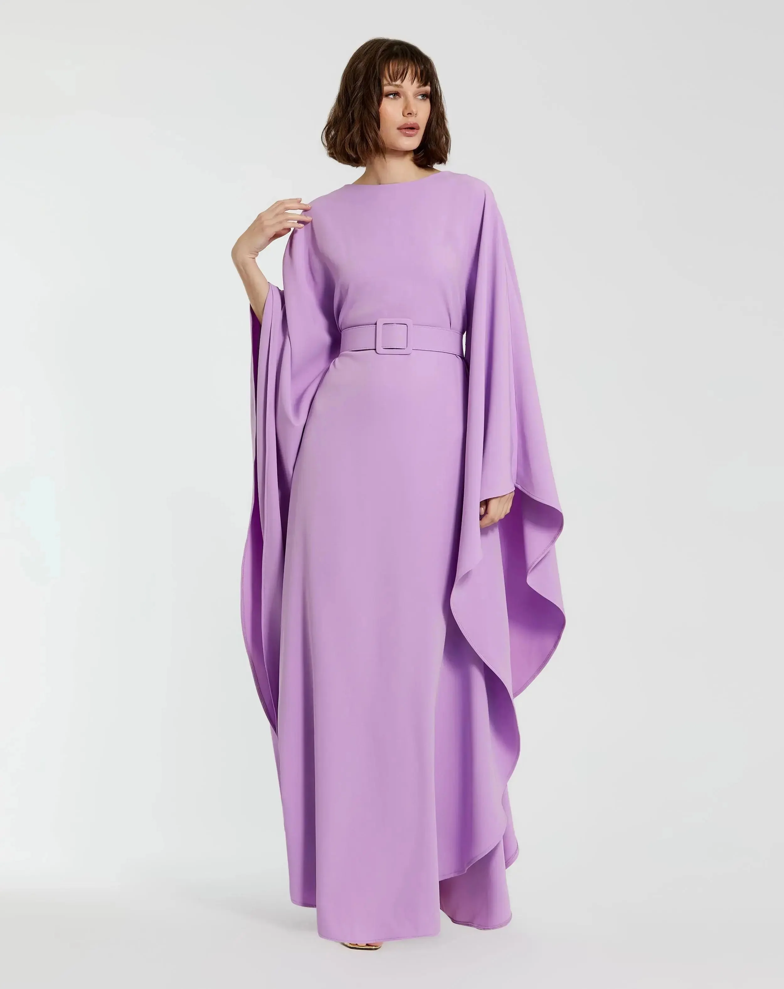 Purple Crepe Boat Neck Kaftan Dress With Belt