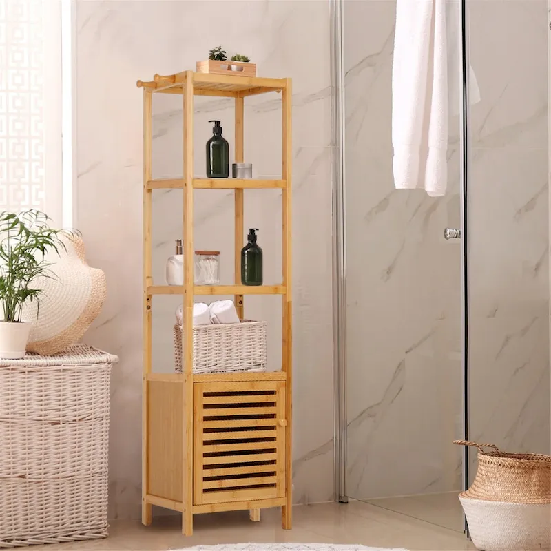 Natural Wood 3-Tier Bamboo Storage Cabinet - Tall Slim Design for Bathroom and Kitchen