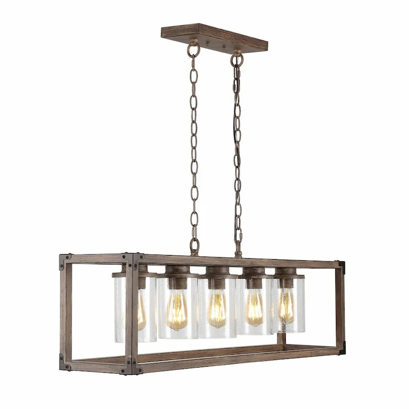 Darlene 36  5-Light Linear Adjustable Iron/Seeded Glass Rustic Farmhouse LED Pendant, Brown by JONATHAN Y
