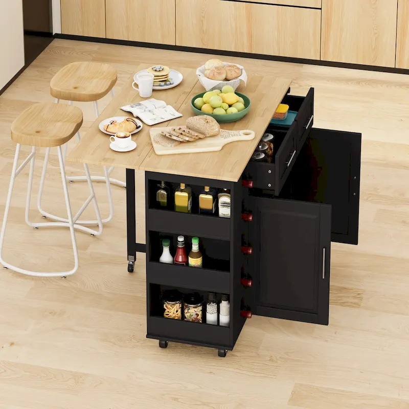 Multi-Functional Kitchen Island Cart with Spice Rack, Towel Holder, Wine Rack, and Foldable Rubberwood Table Top