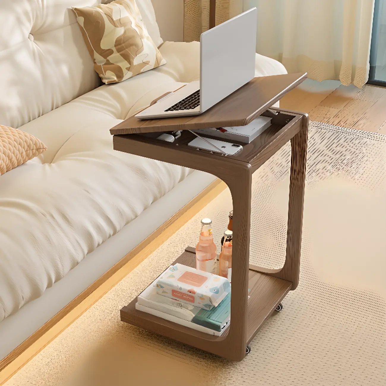 Scandinavian Wooden Flip-Top C-Shaped Side Table with Wheels