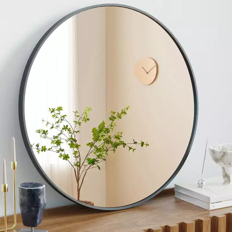 24 Inch Round Vanity Mirror, Aluminum Framed Bathroom Wall Mirror for Bedroom, Black
