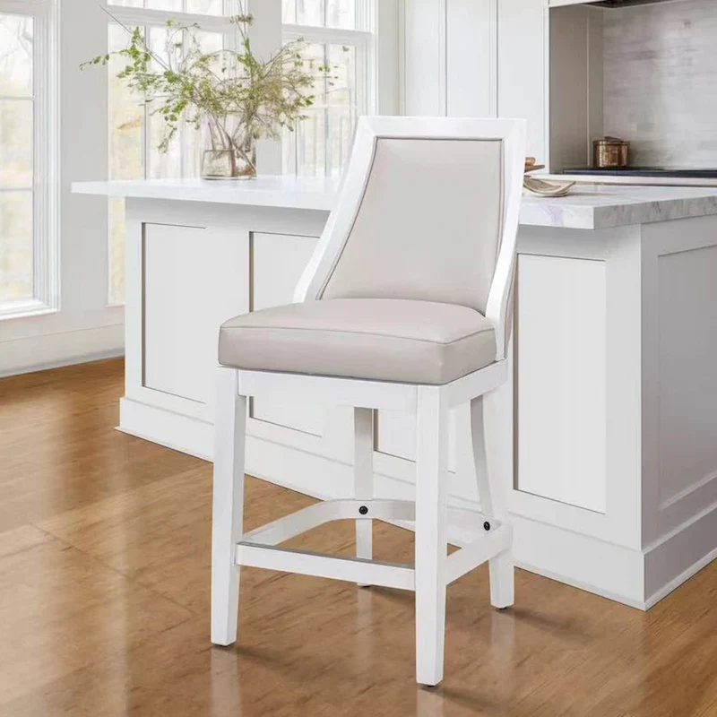 White High-Back Swivel Bar Stool, Gray Faux Leather Seat, 1-Person