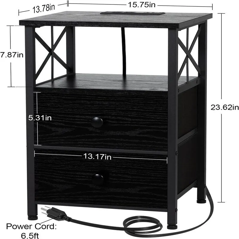 Black Nightstand with Charging Station - 15.7D x 13.8W x 23.8H