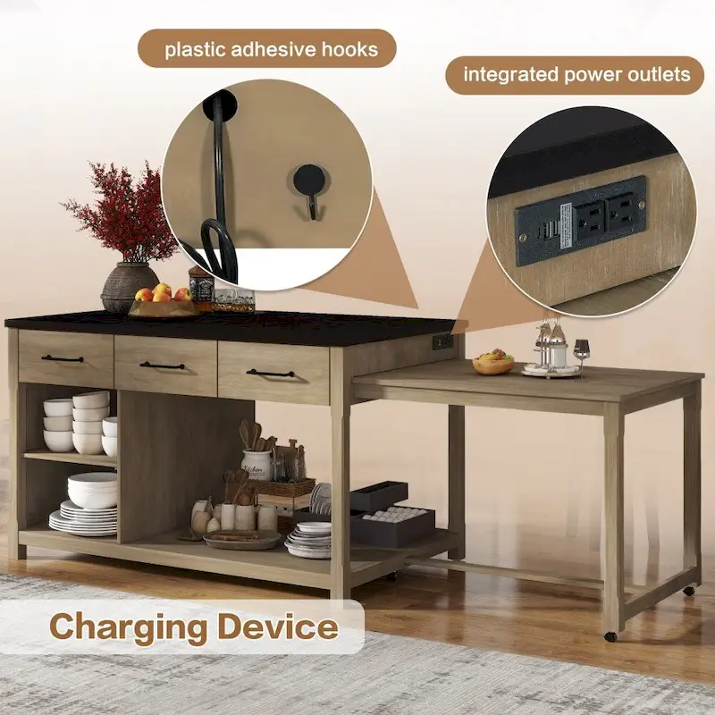 Extendable Kitchen Island with Power Outlets - Distressed Wood