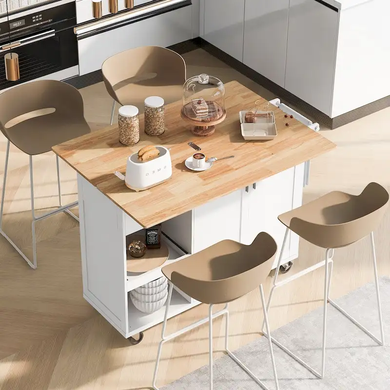 Foldable Kitchen Island Cart with Storage and Rolling Wheels