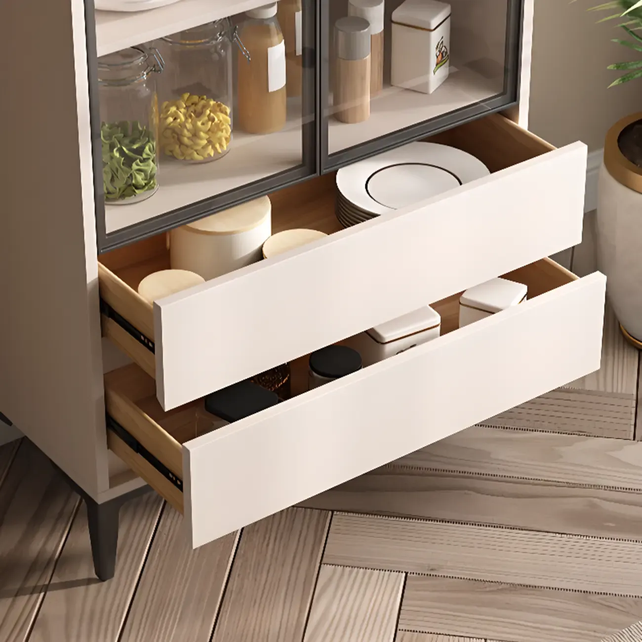 Khaki Wooden Adjustable Shelf Display Cabinet with Drawer