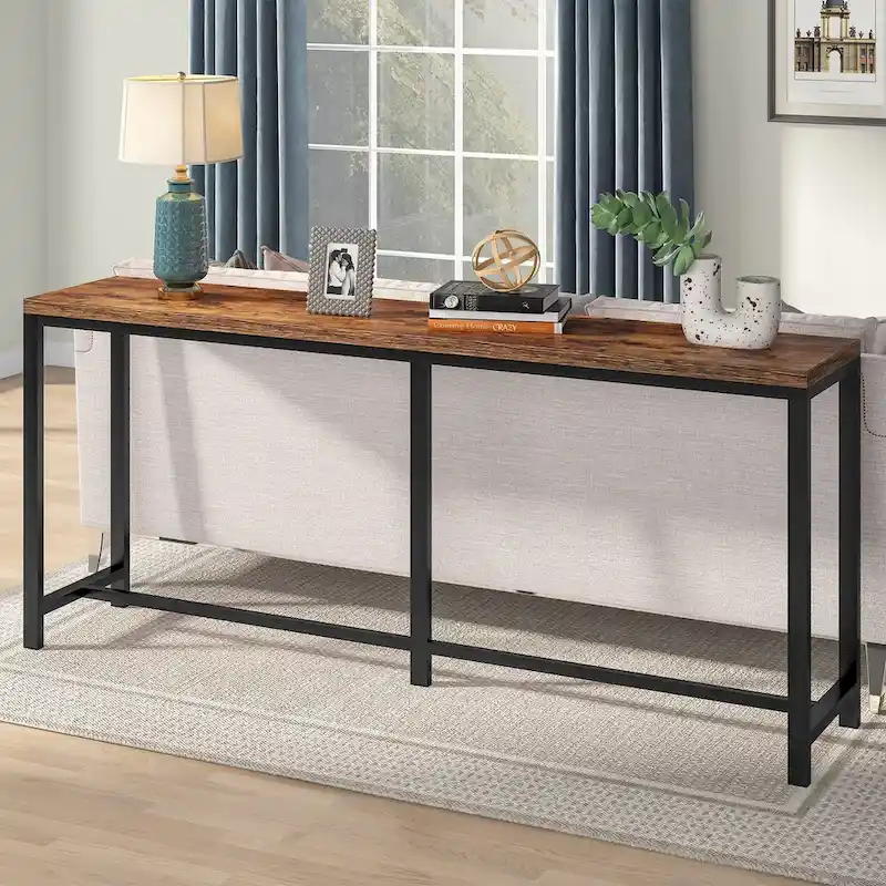 Extra Long Narrow Console Table, Industrial Style, 1-Person – Brown / White / Dark Brown