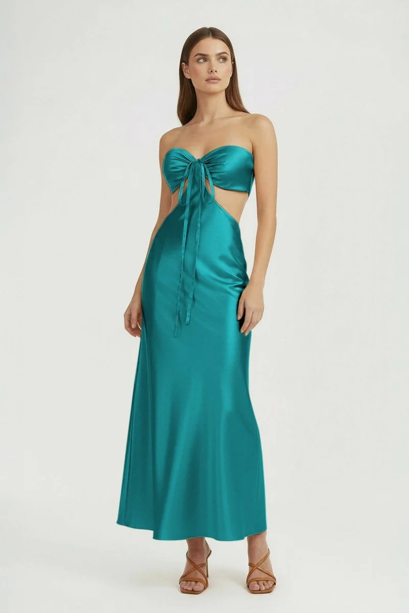 Aqua Strapless Sheath Satin Open Back Prom Dresses With Cutout
