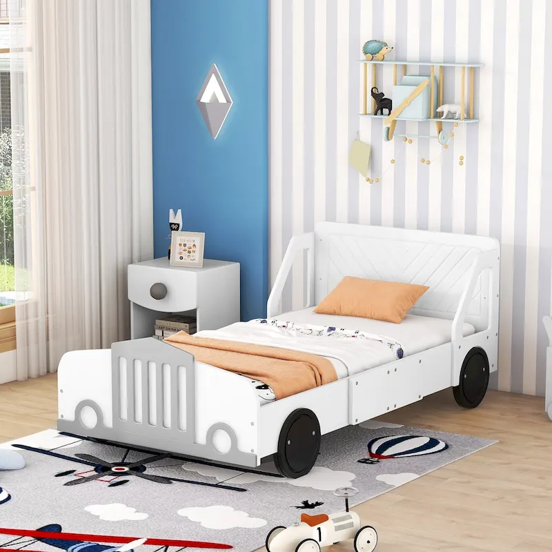 White / Gray / Blue Twin Car-Shaped Platform Bed, 2-Person Assembly