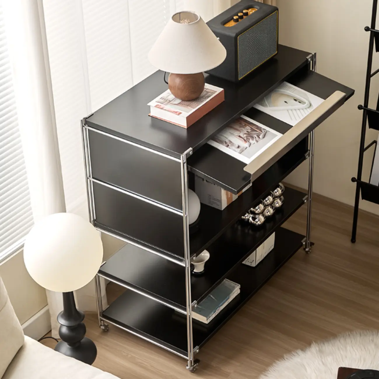 Compact Wood Steel Frame 3-Tier Bookcase in Black