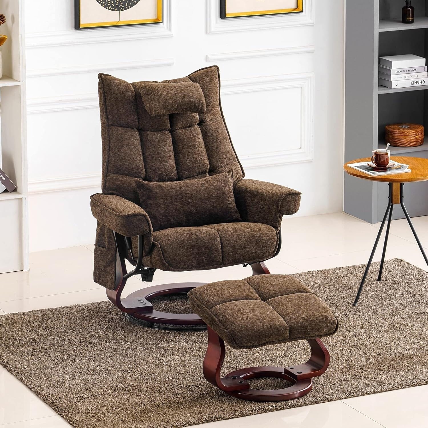 MCombo Set of 2 Swivel Recliner with Ottoman and Neck Pillow,Chenille Fabric
