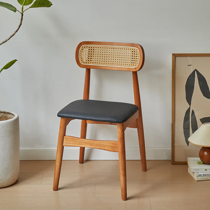 Rustic Black Wooden Armless Dining Chair with Handwoven Back
