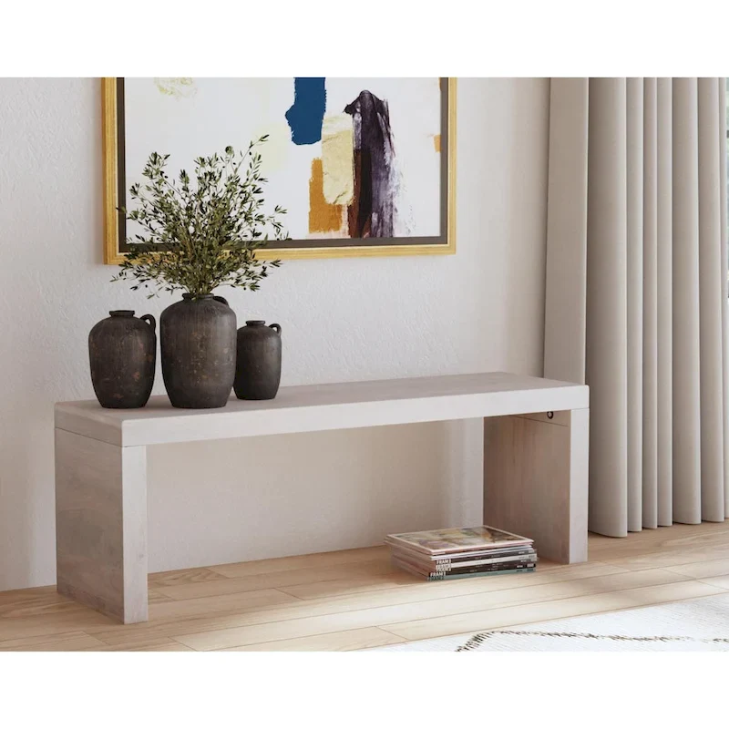 White Sand Solid Wood Bench, Light Natural Finish, Entryway & Bedroom Accent Bench