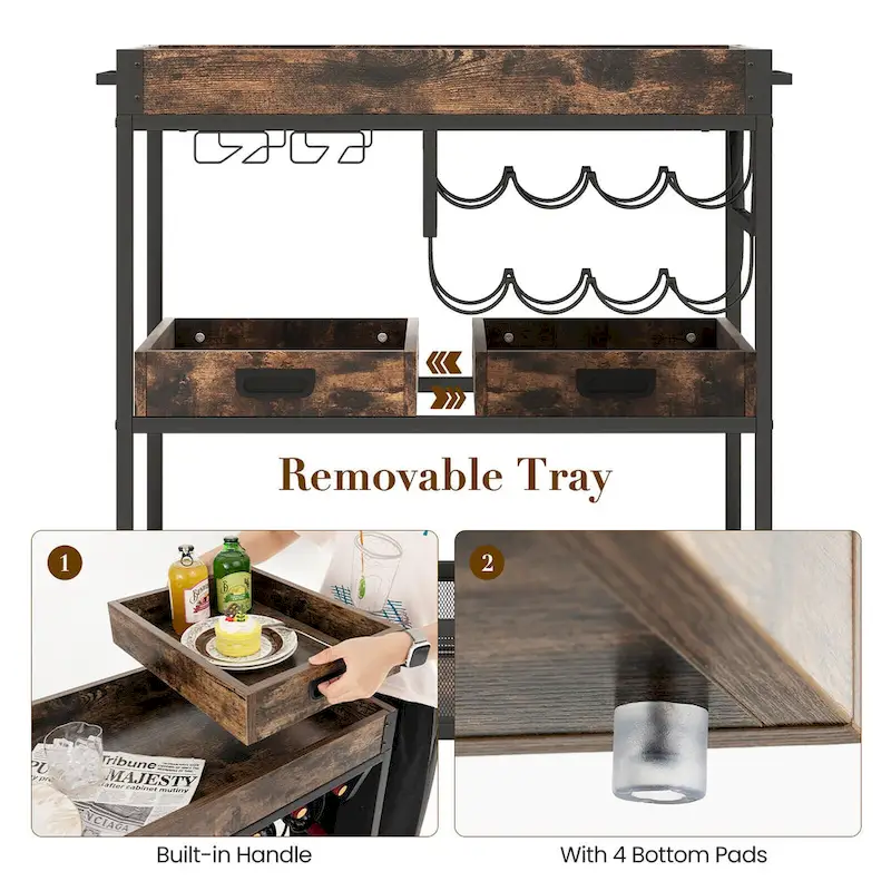 Rolling Bar Cart 3-Tier Industrial Buffet Serving Trolley w/