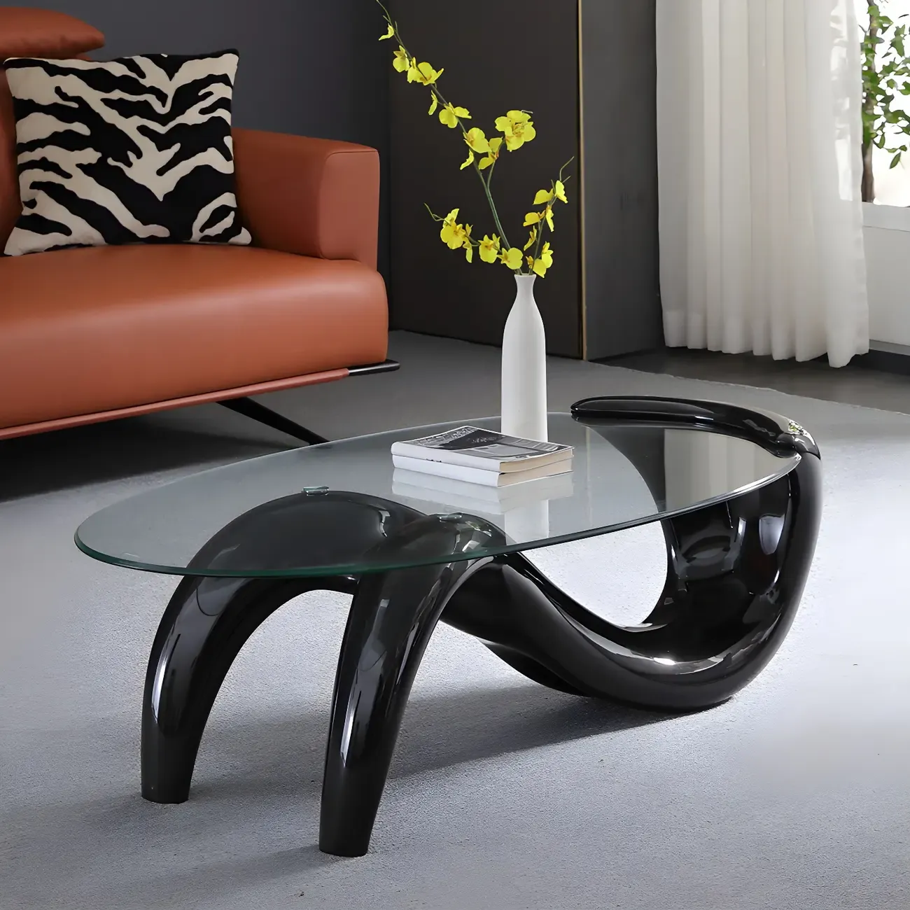 Abstract Modern Oval Glass Top Metal Base Coffee Table
