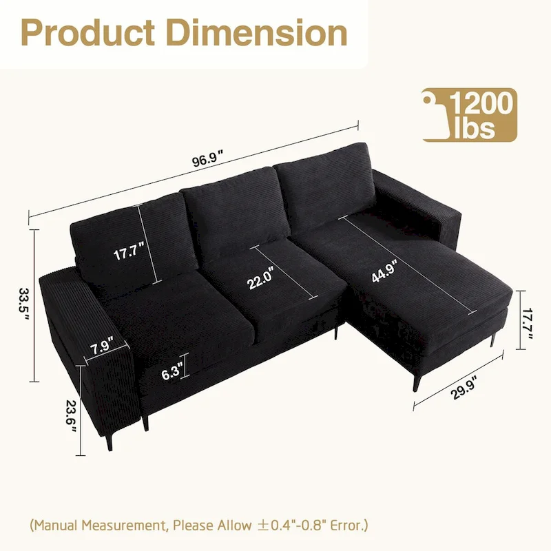 L-Shaped Upholstered Sofa Couch with Metal Legs