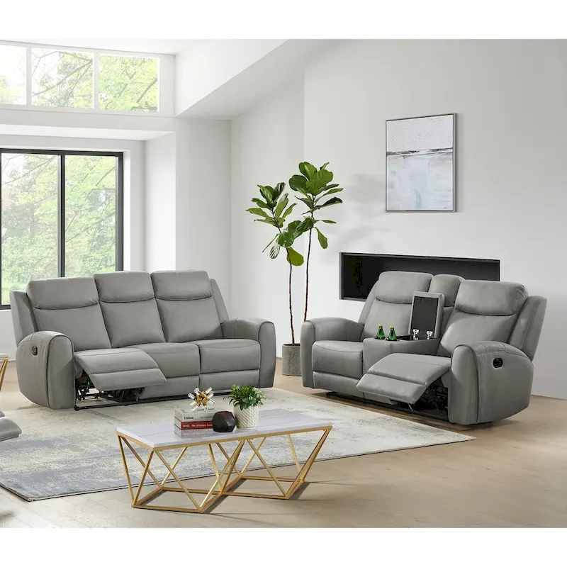 2-Piece Transitional Fabric Reclining Sofa Set – Gray