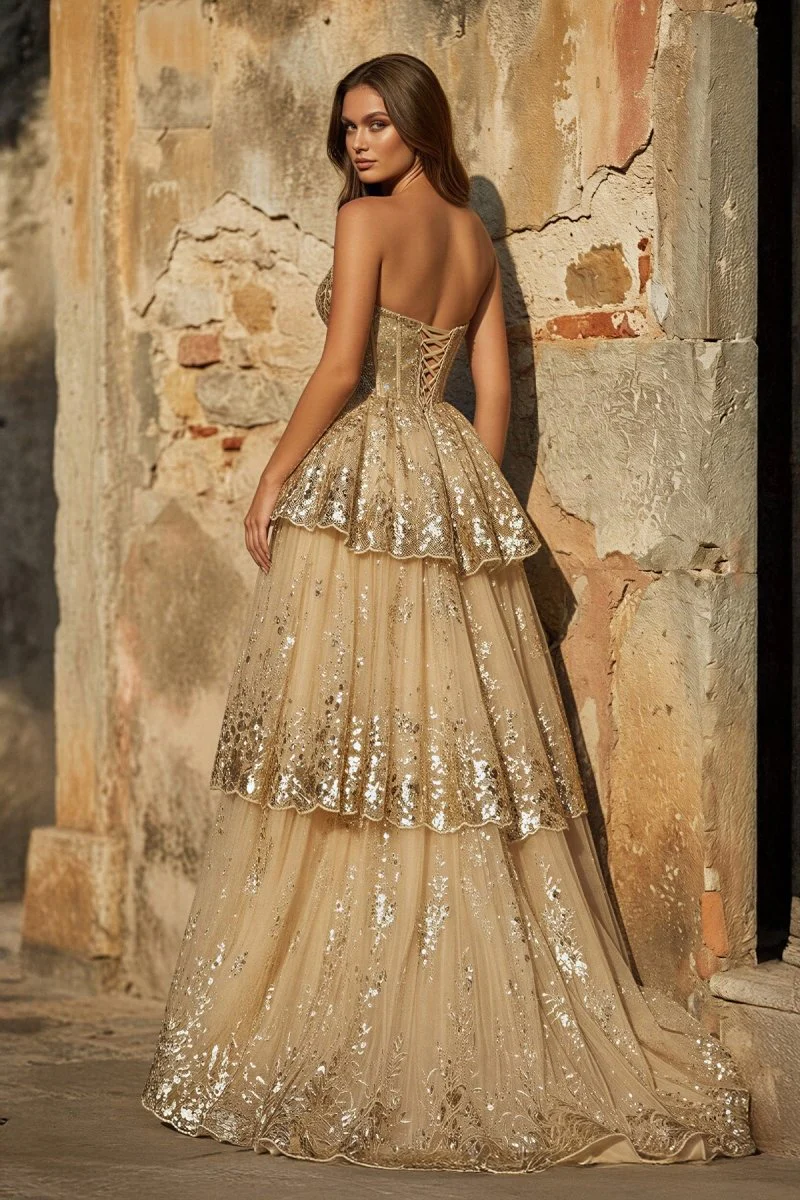 Gold Sweetheart A-Line Lace Long Prom Dress With Split