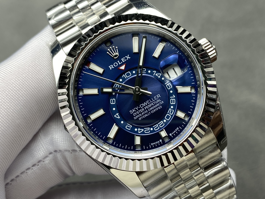 Rolex Sky-Dweller blue dial replica with 9002 movement close-up