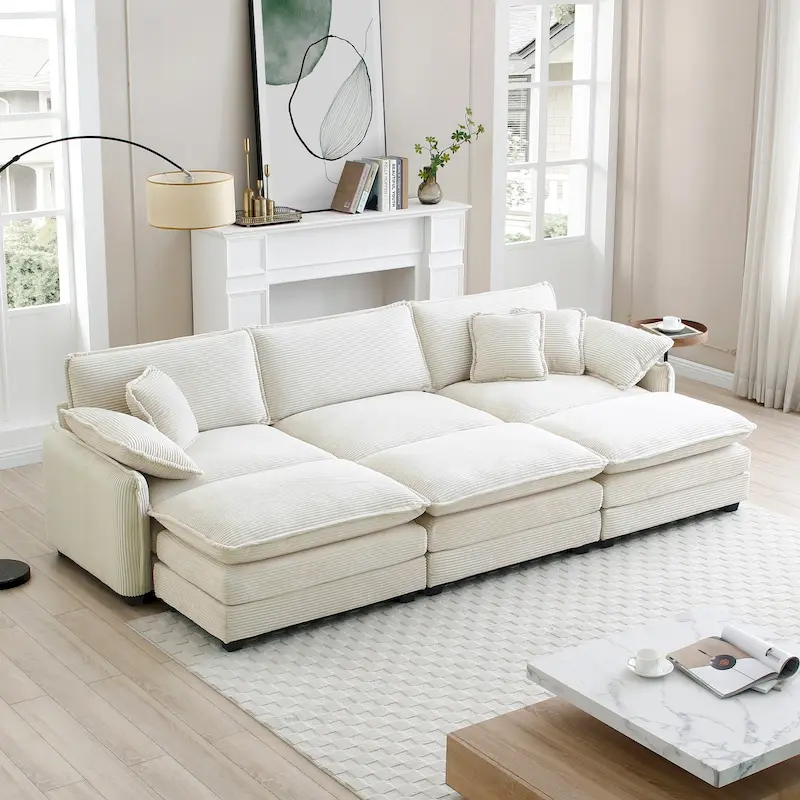 6-piece Corduroy Upholstered Modular Sleeper Sectional Sofa with 3 Removable Ottoman and 5 Pillows