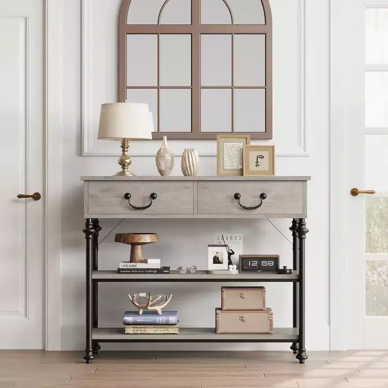 Narrow Console Table with 2 Drawers and Storage Shelves, Small Entryway Table for Living Room, Hallway, Sofa Table, Space-Saving Design