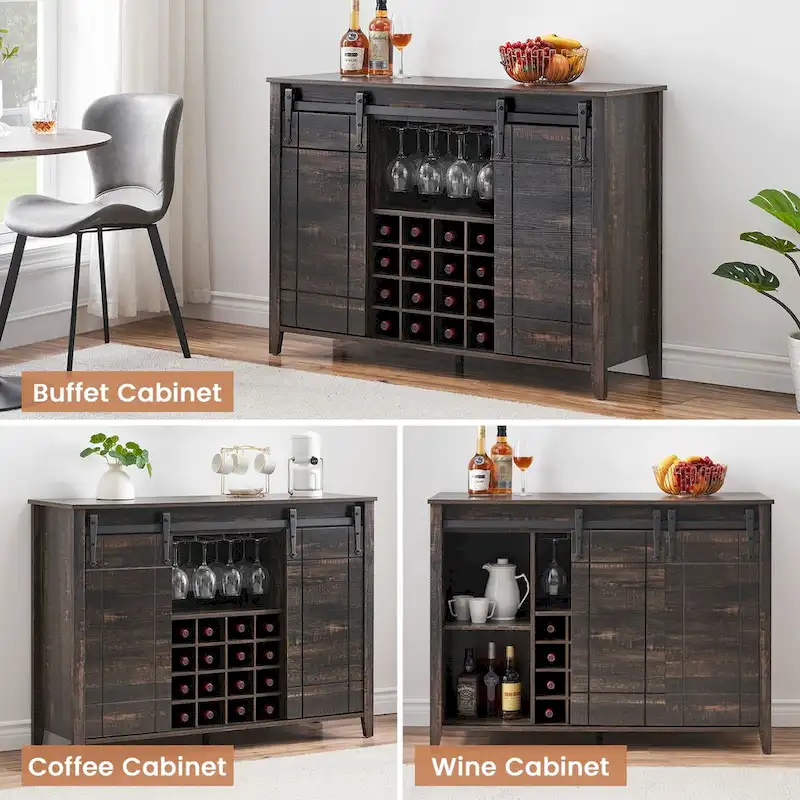 Farmhouse 47 Wine Bar Cabinet Buffet Sideboard Cabinet with 16 Bottle Wine Rack - 15.7D x 47.2W x 34.61H