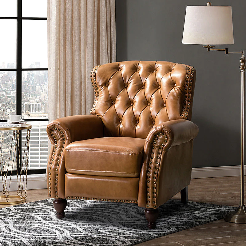 Genuine Leather Manual Push-Back Recliner with Nailhead Trim, Thick Foam Seat & 135° Recline | Camel / Navy / Burgundy / Beige / Red / Brown | Single Seat