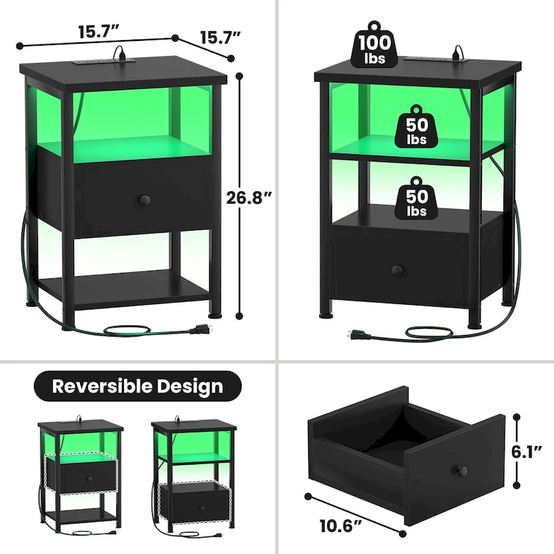 Set of 2 Nightstand with Charge Station and LED Light, End Table with Drawers