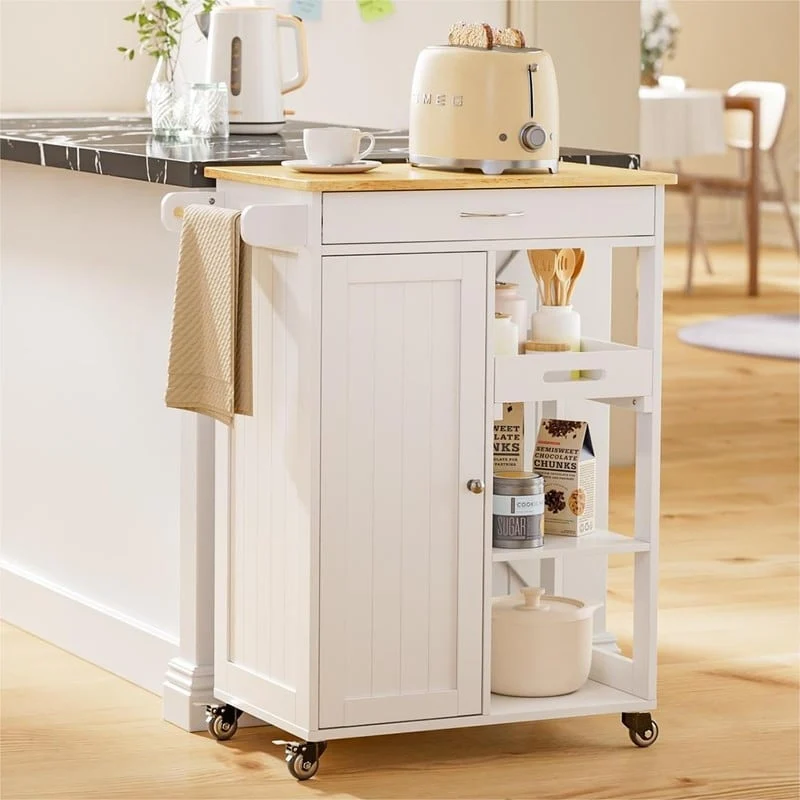 Kitchen Trolley Rolling Island Cart with 1 Drawer, Storage Cabinet and 3 Tier Storage Shelves