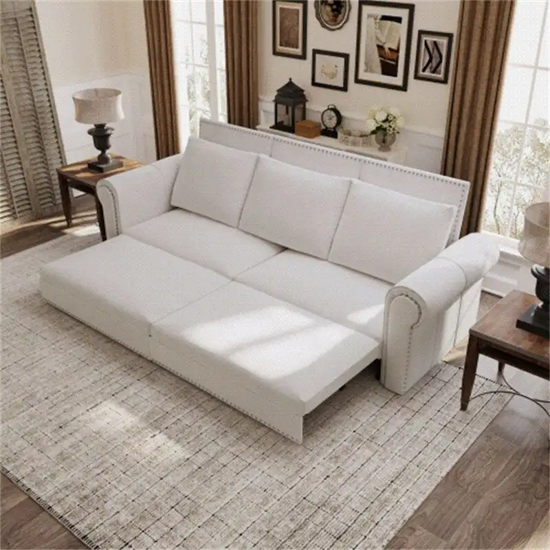Chesterfield Sofa Bed, King Pull Out Sofa Bed, Velvet/Faux Leather Convertible Sleeper Sofa w/ Nailhead Trim & Rolled Arm