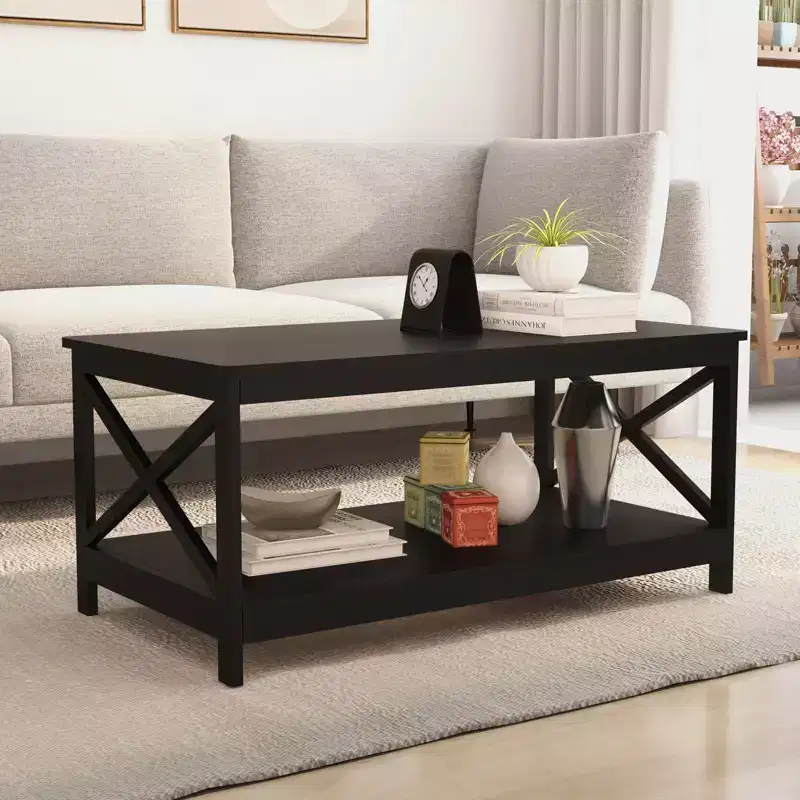 AndMakers 39.57 in. Black Rectangle Wood Coffee Table with Shelf