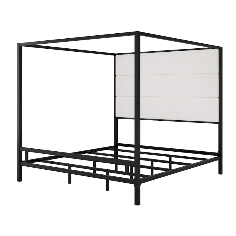 Sleek Modern Metal Canopy Bed with Tall Linen Upholstered Headboard