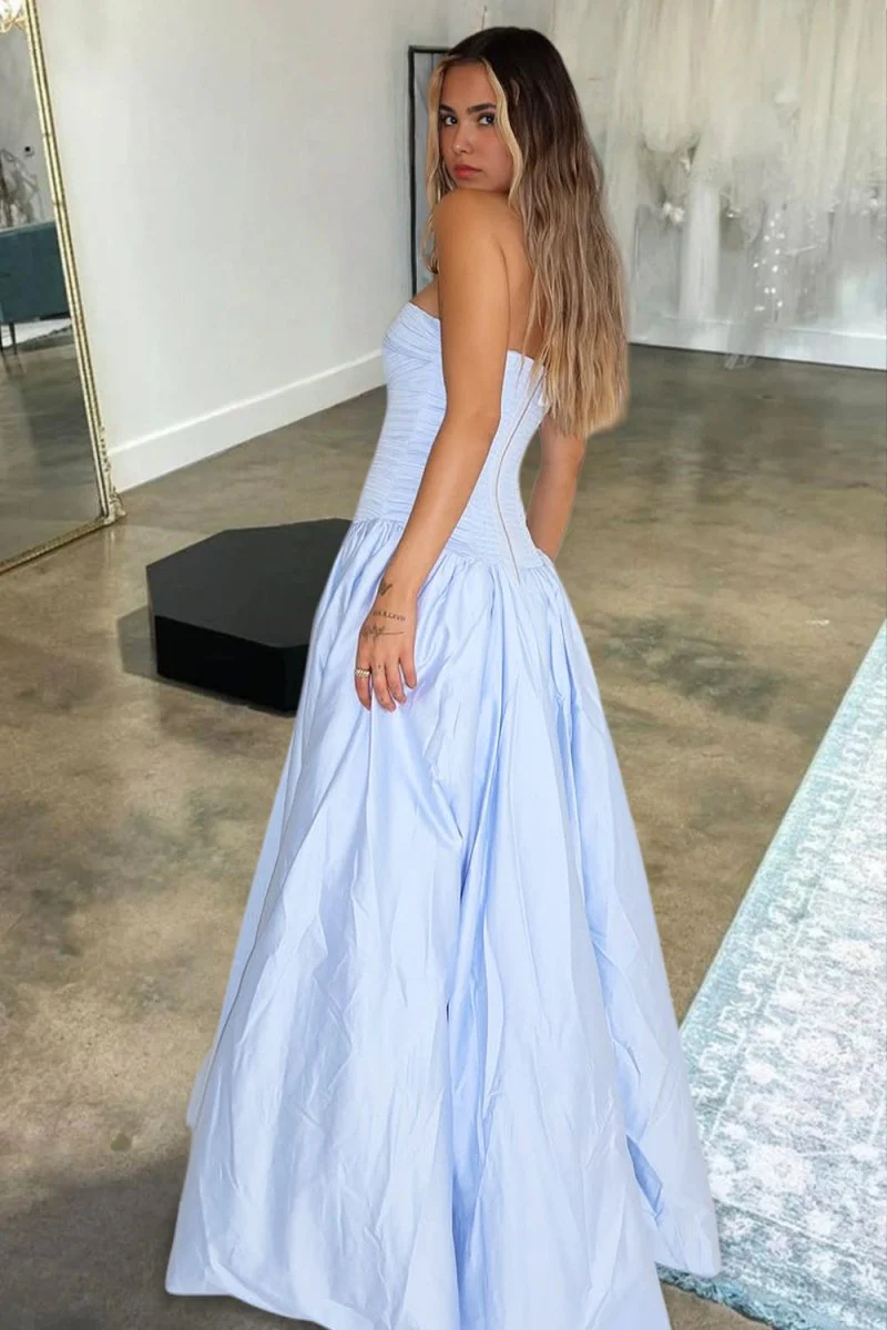 Sky Blue - Strapless A Line Satin Pleated Prom Dresses With Slit