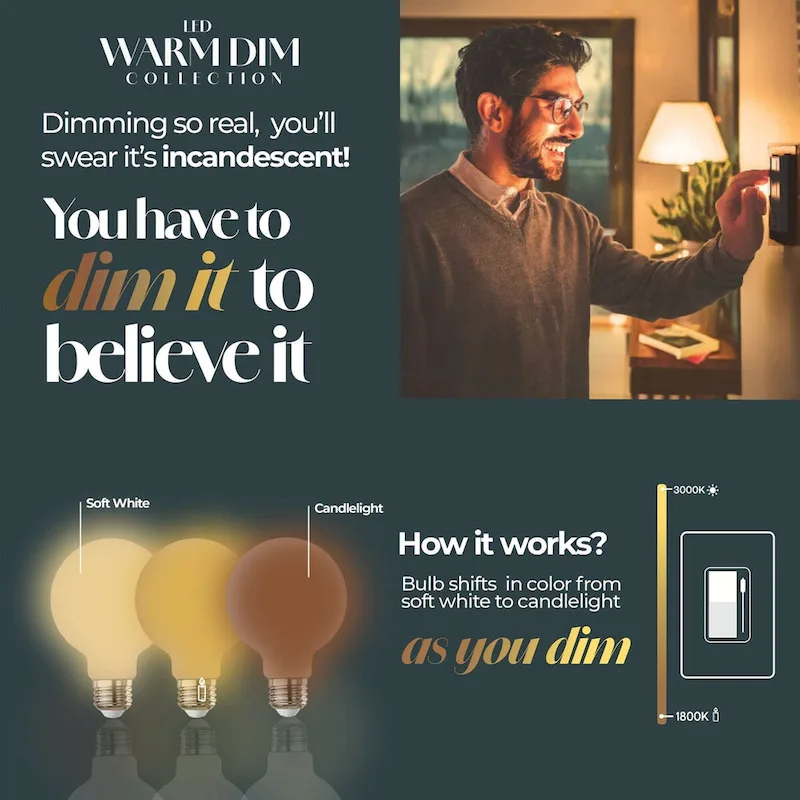 Bulbrite 9 Watt LED G25 Light Bulbs, Warm Dimming 3000K (Soft White) - 1800K (Candlelight), 800 Lumens, (2 Pack) - Pack of 2