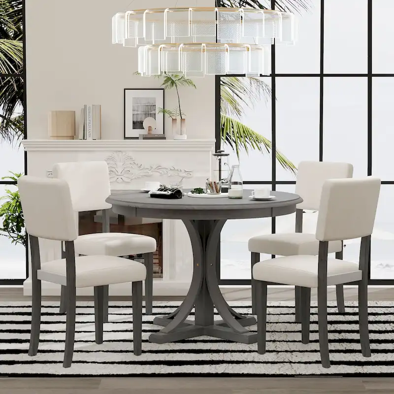 5-Piece Round Dining Table Set with Curved Trestle Style Table Legs and 4 Chairs