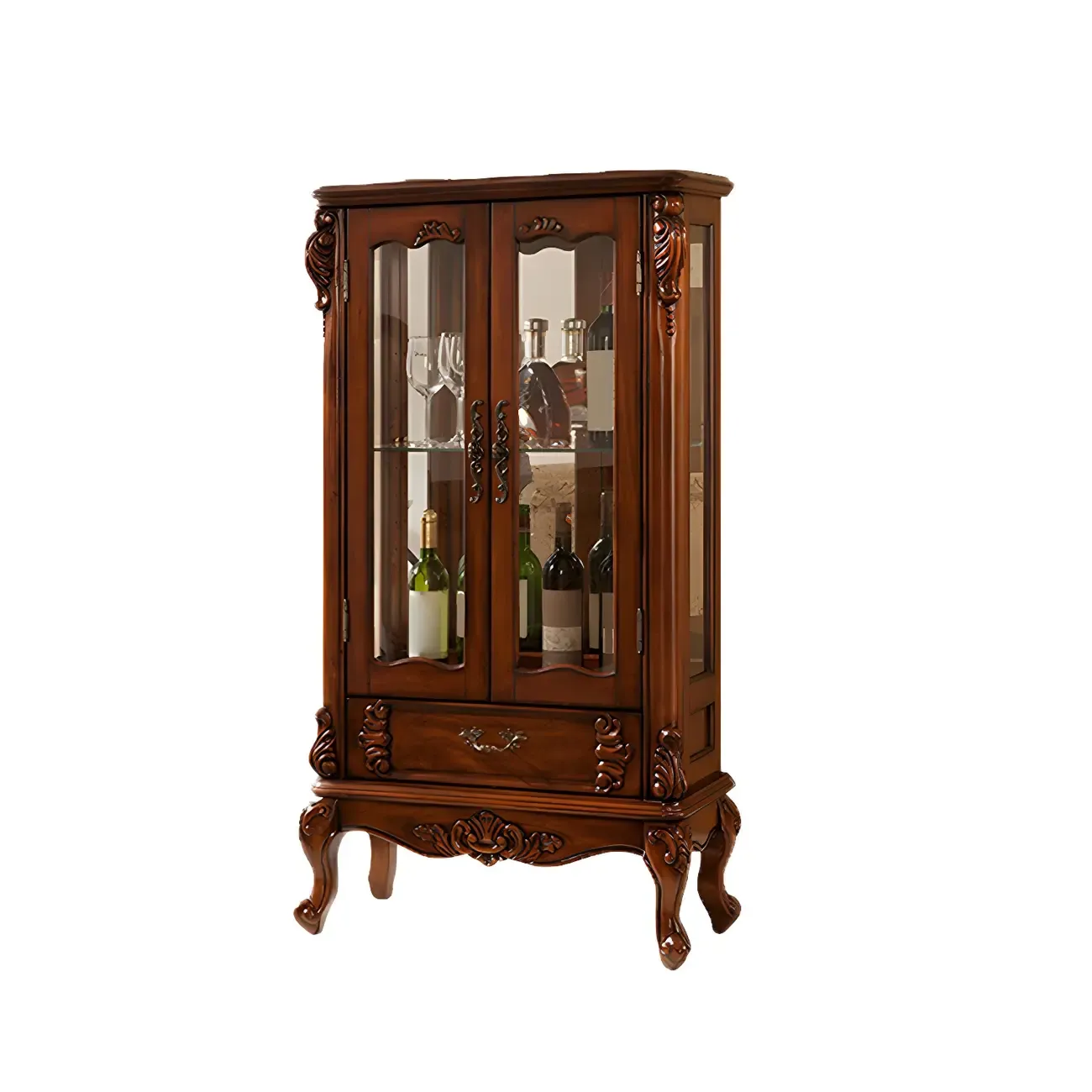 Traditional Wood Brown Glass Shelf Display Cabinet