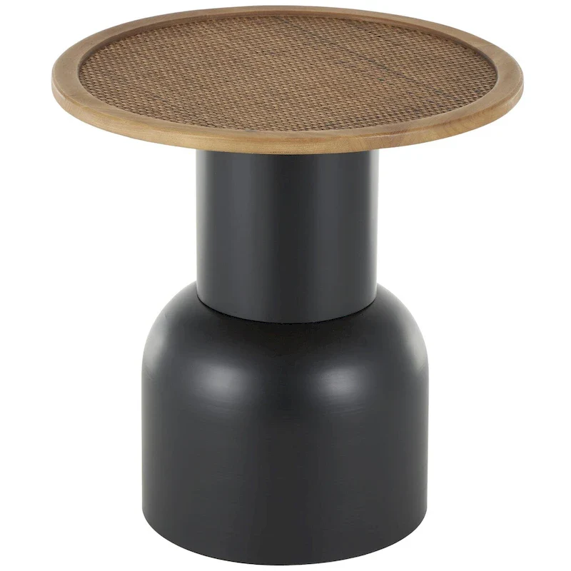 Handmade Round Rattan & Iron Accent Side Table – Black, Boho Style