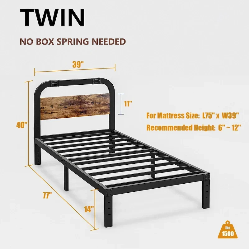 Heavy Duty Anti-Sway 40 Inch Iron Bed With Solid Wood Headboard