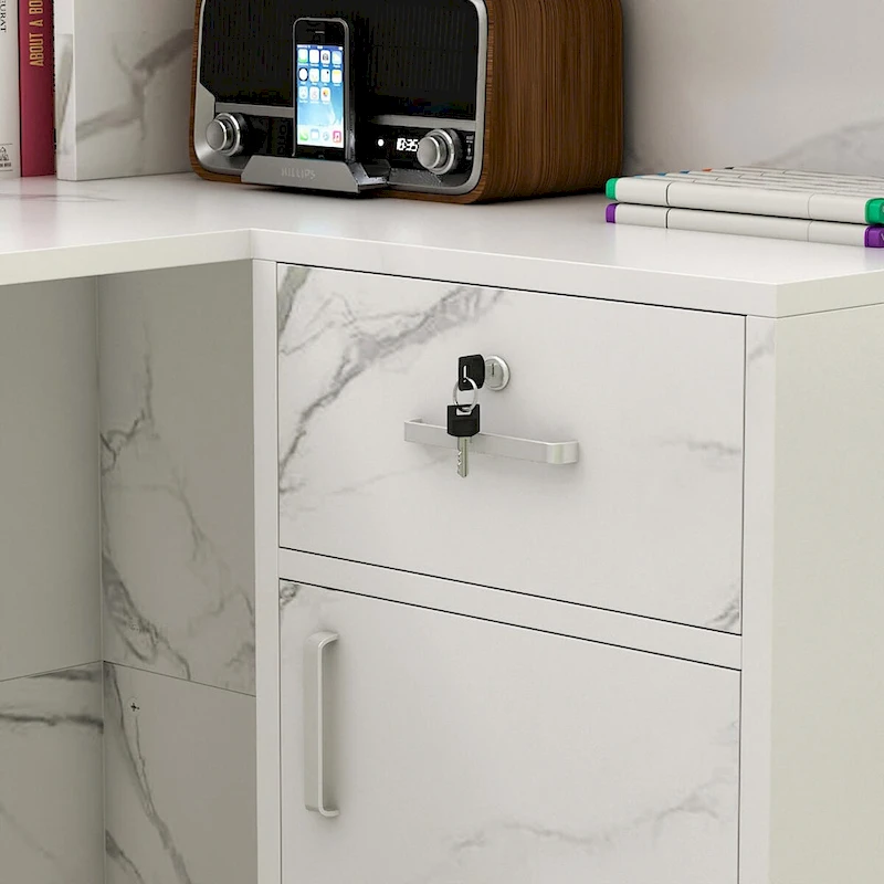 Timechee Reception Desk L-Shaped Counter Shelves Drawers Reception Table